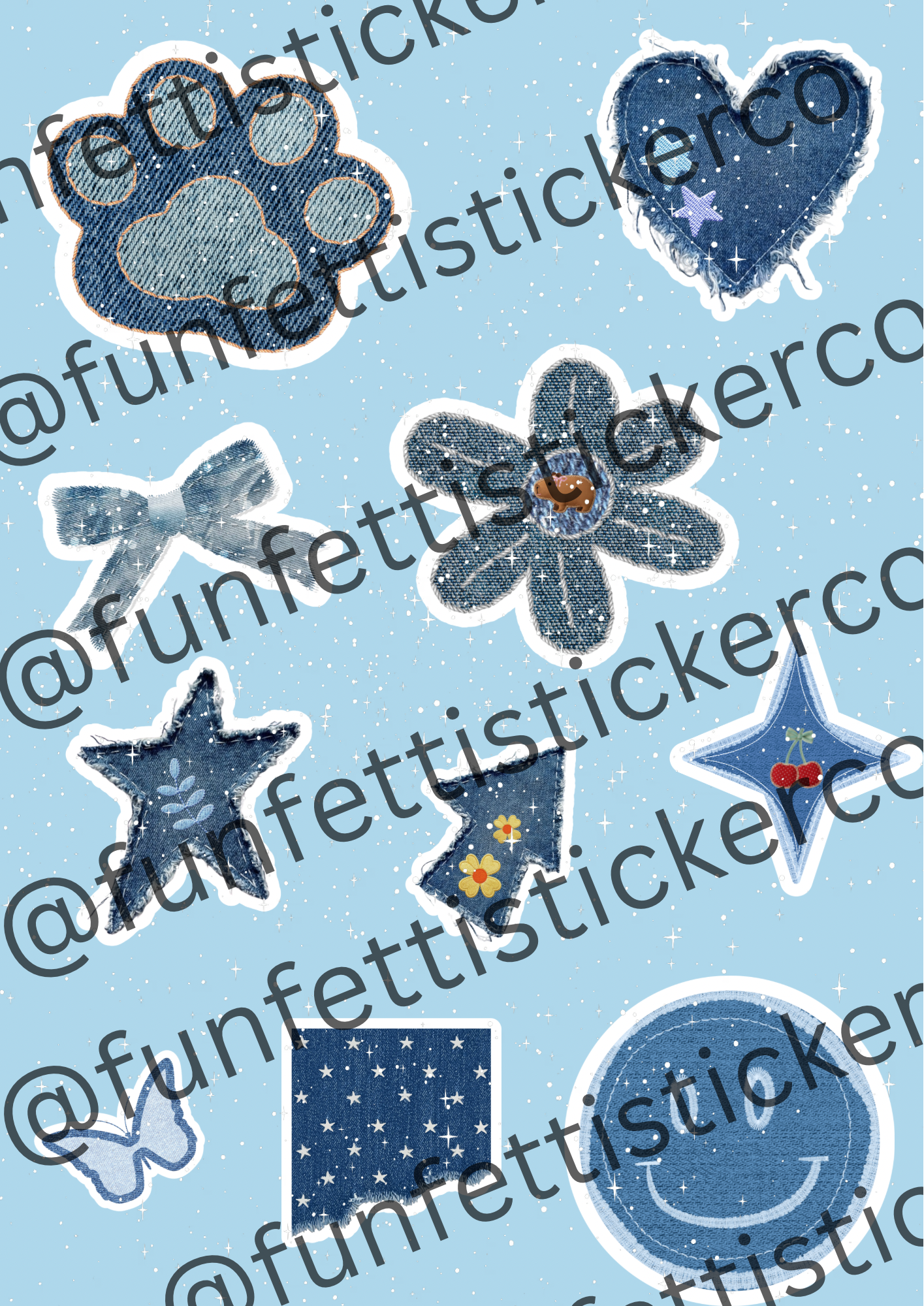 Digital denim sticker sheet with glitter